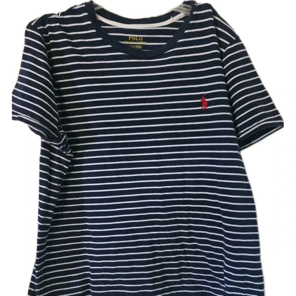 Men's Polo Ralph Lauren Custom Slim Shirt Large Stripe Navy Blue White